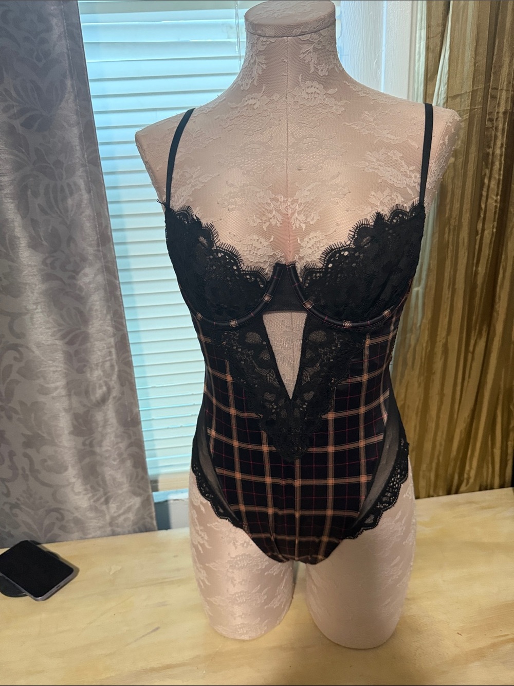 Victoria's Secret Black & Red Plaid Lace Bodysuit
